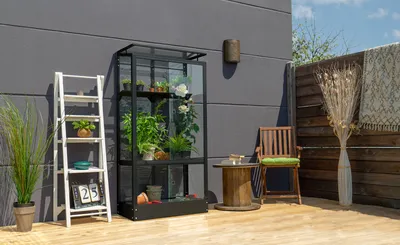Produktbild von Vitavia Balkon- und Anlehn-Gewächshaus "Stad" schwarz 3 mm ESG mit Stahlfundament