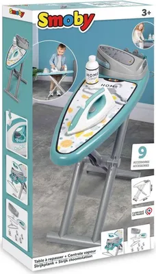 Produktbild von Smoby 9-teiliges Spielzeug Bügelbrett & Bügeleisen Set – Realistisch, mit Dampfstation und mechanischem Drehknopf (Krick-Krack-Geräusch) – Zusammenklappbar, aus Kunststoff, Grau/Aqua, 69x23x48,5 cm