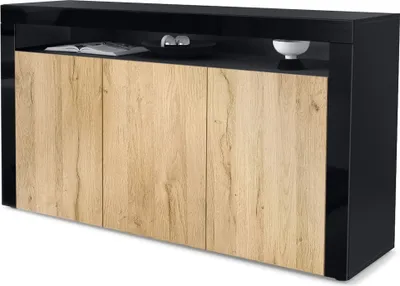 Produktbild von Vladon Sideboard Valencia,  Germany, Kommode mit 3 Türen und 1 offenem Fach, Schwarz matt/Eiche Natur/Schwarz Hochglanz (155 x 92 x 40 cm)