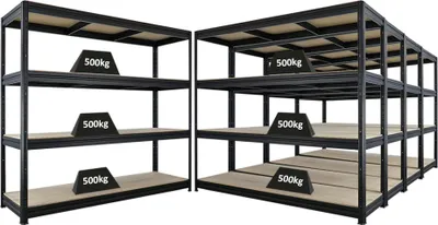 Produktbild von Mega Deal | 5x Schwerlastregal DINO | HxBxT 180x200x60cm | 4 Spanplatten-Ebenen 16mm | Fachlast 500kg | Schwarz