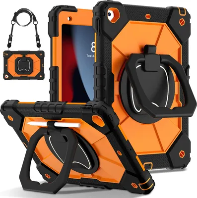Produktbild von Hülle für iPad 9th Gen/ 8th Gen/ 7th Gen, iPad 10,2 Zoll 2021/2020/2019 Robuste Tragbare Schutzhülle mit Ständer, Handgurt und Schultergurt Schwarz Orange