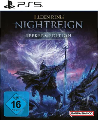 The image shows the cover art for the Elden Ring Nightreign (Seekers Edition) PS5 game. It features a warrior figure in a dark, atmospheric setting with a purple and blue sky.