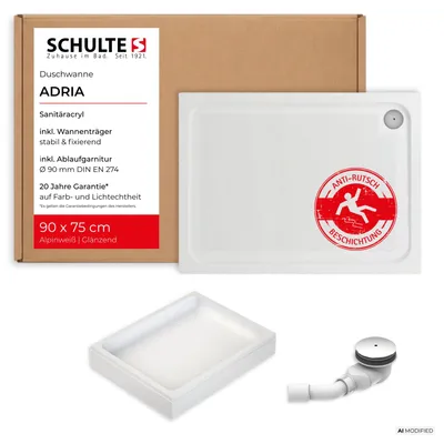 Produktbild von Schulte Duschwanne Adria 90x75 cm, inkl. Antirutsch-Beschichtung, Sanitäracryl Weiß, Set mit Wannenträger + Ablauf