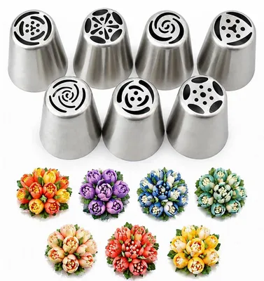 Productafbeelding van 7-delige set spuitmonden - roestvrijstalen ontwerp met bloemenmotieven - geschikt voor het decoreren van taarten, cupcakes en andere desserts met botercrème