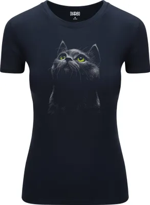Produktbild von Diarbo Damen T-Shirt mit Aufdruck Wildtierporträts Schwarze Katze Dunkelblau Gr.M