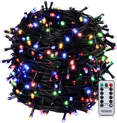 A coiled string of colorful LED lights with a remote control.