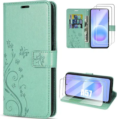 Image de Coque + 2 Verres Trempés pour Samsung Galaxy A57 5G, Antichoc Anti-Rayure CuirPolyuréthaneVert Motif Floral