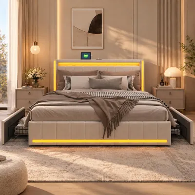 Imagen del producto de Cama INONEFT de 140x190 con espacio de almacenamiento, cama tapizada con iluminación LED, puertos tipo-C y USB, cama juvenil con 4 cajones, color lino, color beige