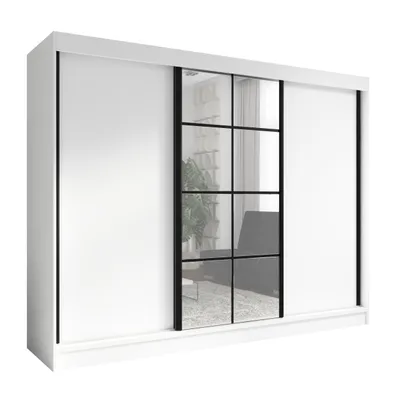Produktbild von Oravelle 200 cm Weiß 3-türiger Kleiderschrank mit Spiegel, 4 Schubladen und Kleiderstangen – Funktionalität und Eleganz!