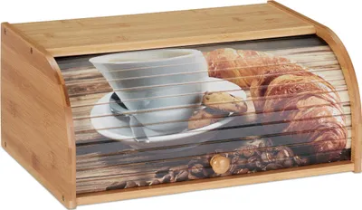 Zdjęcie produktu dla Relaxdays bambusowy pojemnik na pieczywo, rolowana pokrywa z motywem, do przechowywania aromatycznego pieczywa, z półką, HBT 17x40x27cm, naturalny
