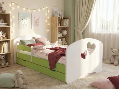 Obrázek produktu pro Dětská postýlka Happy Babies – s matrací, zásuvkou a bezpečnostní zábranou, 80 x 160 cm, postýlka pro holčičky a dívky, postýlka pro chlapce, s výřezem ve tvaru srdce, zelená