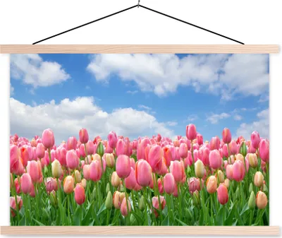 Produktbild von MuchoWow® Textilposter Farben - Tulpen - Frühling 120x80 cm mit holzfarbenen Rahmen - Aufhängeset