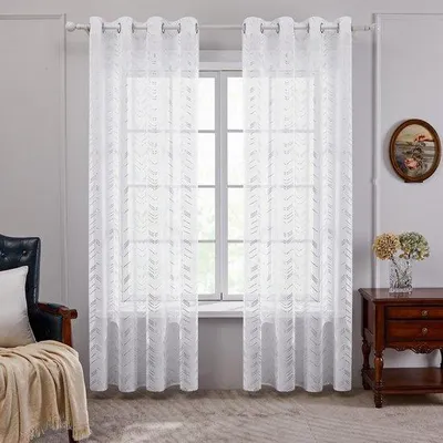 Imagen del producto de Cortinas translúcidas Ibzoa® con ojales, juego de 2 unidades, 290 x 140 cm (alto x ancho), color blanco, diseño moderno de líneas – ideales para salones y dormitorios