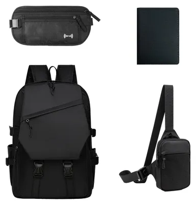 Obrázek produktu pro Cestovní bezpečnostní sada ProximaX, 4dílná: batoh na notebook + taška přes rameno + ledvinka s RFID ochranou + pouzdro na kreditky – voděodolná a s ochranou proti krádeži, vhodná na cesty i do každodenního života