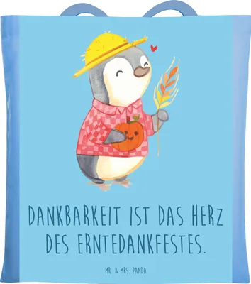 Produktbild von Mr. & Mrs. Panda Tote Bag Erntedankfest Dankbarkeit - Sky Blue - Geschenk, Familienfeste, Feiern, Fülle, Feiertag, Shopping Tasche, Schultasche, Geschenke, Stoffbeutel