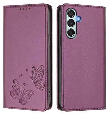 Produktbild von Lederhülle für Samsung Galaxy M15, Schmetterling Prägung Leder Brieftasche Schutzhülle mit Ständer Lila