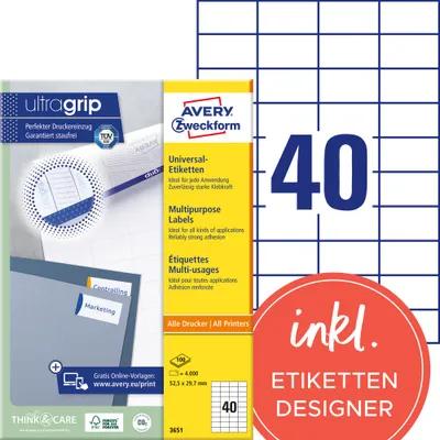 Produktbild von Avery Zweckform 3651 Universal-Etiketten, A4 mit ultragrip,  52,5 x 29,7 mm, weiß