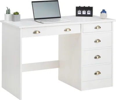 Produktbild von Schreibtisch LANA aus massiver Kiefer in weiß, geräumiger Computertisch mit 5 Schubladen, praktischer Bürotisch mit Muschelgriffen