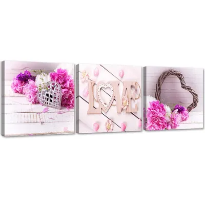 Produktbild von Set mit gemälden auf leinwand symbole der liebe 150x50 cm Feeby rosa wandbild bereit zum aufhängen