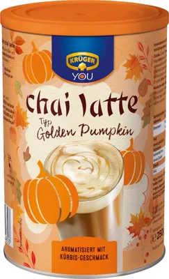 A cylindrical container of Krüger Chai Latte with a pumpkin theme.