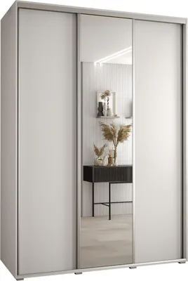 A white sliding door wardrobe with a mirrored center panel.