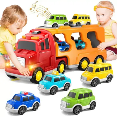 Produktbild von 5-in-1 Feuerwehr LKW Spielzeug für Kinder, Reibungsbetriebener Transporter mit 4 Mini-Feuerwehrfahrzeugen, Licht & Sound, Spielzeug ab 1-3 Jahren
