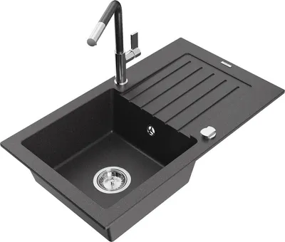 Produktbild von Mexen Pablo 1 Becken-Granitspüle mit Abtropffläche und Mischbatterie Flora, Schwarz/Gold metallisch - 6510-76-670401-08