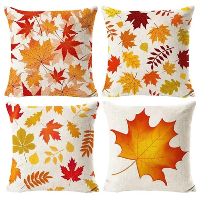Immagine prodotto di Set di 4 federe per cuscini, 45x45 cm, in lino, con motivo autunnale: foglia d'acero, zucca, colore rosso