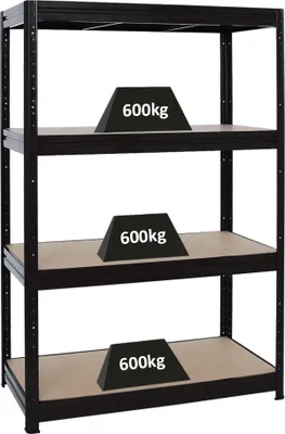 Produktbild von Schwerlastregal DINO | HxBxT 180x120x60cm | 4 MDF-Platten-Ebenen 6,5 mm | Fachlast 600kg | Schwarz