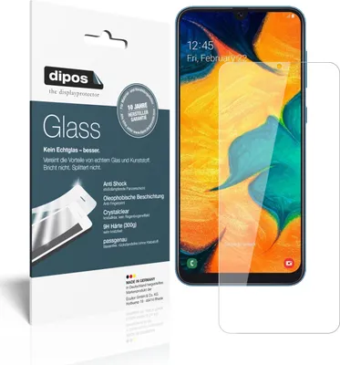 A product package for a screen protector is shown next to a smartphone displaying a screen protector.
