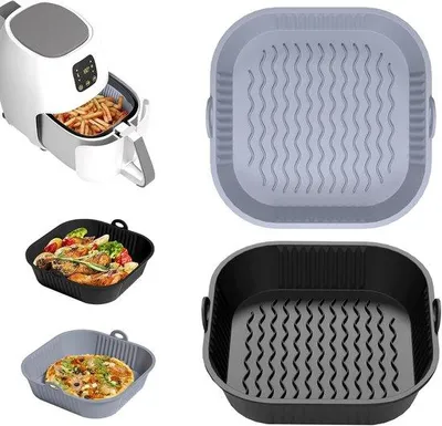 Obrázek produktu pro Silikonové formy pro fritézy Airfryer 5–8 l, 2 pekáče o průměru 21 cm pro fritézy bez oleje, opakovaně použitelné silikonové pekáče, vhodné do fritéz Airfryer, mikrovlnek a trouby, černé a šedé