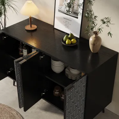 Produktbild von okwish Sideboard mit Stauraum und geschnitzte Tür,Kommode mit kippsicher, Küchenschrank mit einzigartiges Schranktürdesign,, schwarz