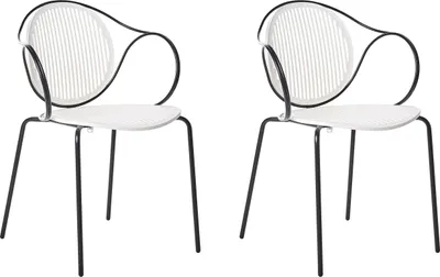 Produktbild von BELIANI Gartenstuhl 2er Set Schwarz / Cremeweiß aus Metall Stahl mit Armlehnen Stapelbar Modernes Design Esszimmerstuhl Garten Terrasse Balkon Küche