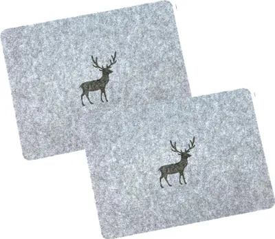 Produktbild von heimtexland ® Tischdeko Filz Landhaus Tischset Bestecktasche Glasuntersetzer Tischdekoration Platzset Besteckhalter Untersetzer Typ847 Hellgrau - Hirsch Tischset 2er Pack