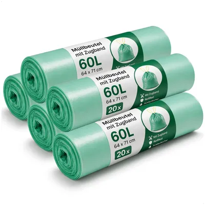 Produktbild von com-four® 100x Müllbeutel 60L mit Zugband reißfest flüssigkeitsdicht Rolle