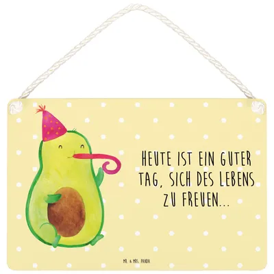 Produktbild von Mr. & Mrs. Panda holzbild Avocado Feier DIN A4 - Gelb Pastell - Geschenk, Deko Wandtafel, Fete, Türschild, Wandbild Holz, Party, Schild, Geburtstag, Holzschild, Tröte