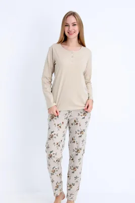Produktbild von Damen Schlafanzug Pyjama Set 100% Baumwolle Beige Blumen-Hose L-3XL