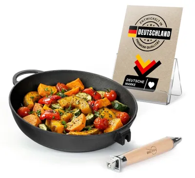Produktbild von Gusseisenpfanne 28cm Gußeisenpfanne 70mm hoch mit Holzgriff Pfanne aus Gusseisen