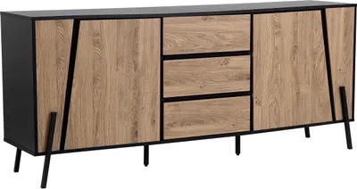 Produktbild von BELIANI Sideboard Heller Holzfarbton Schwarz Spanplatte Pulverbeschichtetes Metall 75 x 177 x 40 cm Modern Drei Schubladen Viel Stauraum Wohnzimmer