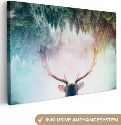 Produktbild von MuchoWow® - Leinwandbilder - Hirsch - Geweih - Wald - Nebel, Wandbild, Wanddeko Bilder Wohnzimmer, 120x80 cm
