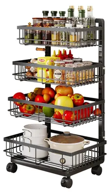 Image de Chariot de service - Chariot de cuisine avec 4 niveaux - Acier - Rotation à 360° - Polyvalent - Noir