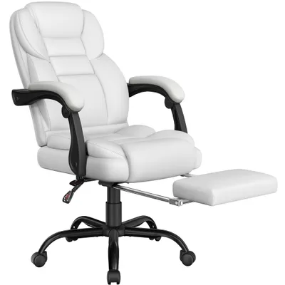 A white ergonomic office chair with a black base and armrests, featuring a retractable footrest.