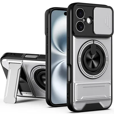 Obrázek produktu pro Magnetické pouzdro pro iPhone 16 Ochranné pouzdro s posuvným krytem fotoaparátu a kroužkovým stojánkem Stříbrná