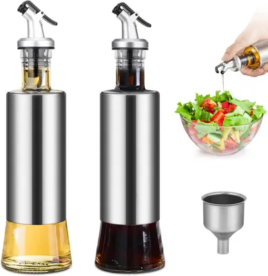 Image de Huiles d'olive en bouteilles - Huiles et vinaigres en bouteilles - Distributeur d'huile - Acier inoxydable - Bec verseur et entonnoir - pour la cuisson au grill - 300 ml x 2