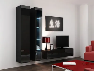 Obrázek produktu pro Obývací stěna s LED modrým osvětlením ASHTON 10 - černá / lesklá černá