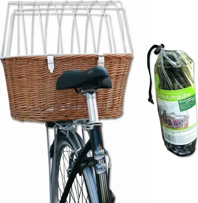 A wicker bicycle basket with a metal frame and a protective cover are shown against a white background.