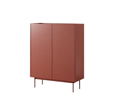 A studio shot of a red cabinet on a white background.