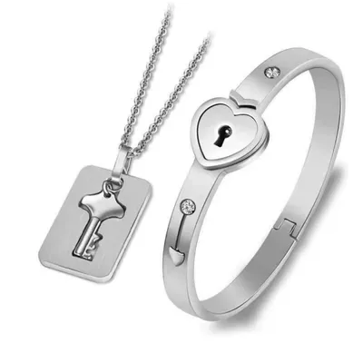 Produktbild von Schmuck Set Armband Und Kette Partner Edelstahl Mit Schloss + Schlüssel