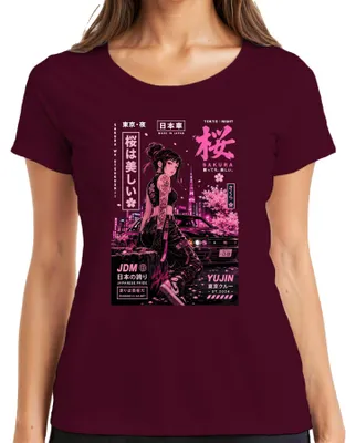 Immagine prodotto di T-shirt da donna, colore bordeaux, taglia XL, con scritta "Sakura JDM Japanese Pride Running Is An Art Anime Japan Y2K Drift"