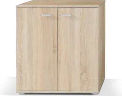 A light brown wooden cabinet with two doors and silver handles, shown from the front on a white background.